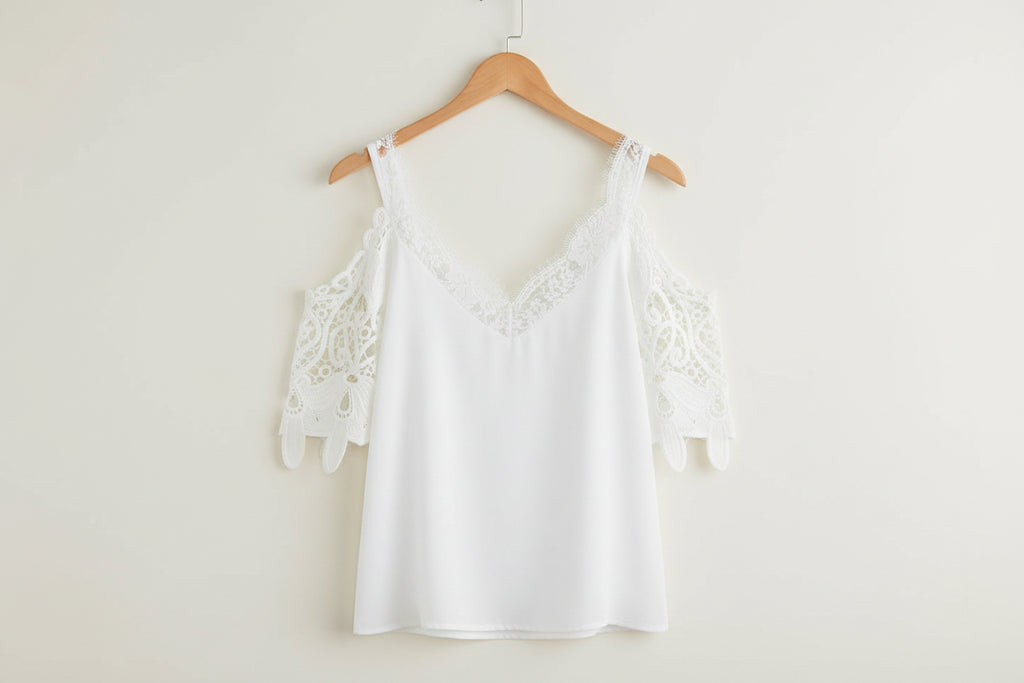 Womens Loose Lace V-Neck Short-Sleeve T-Shirt