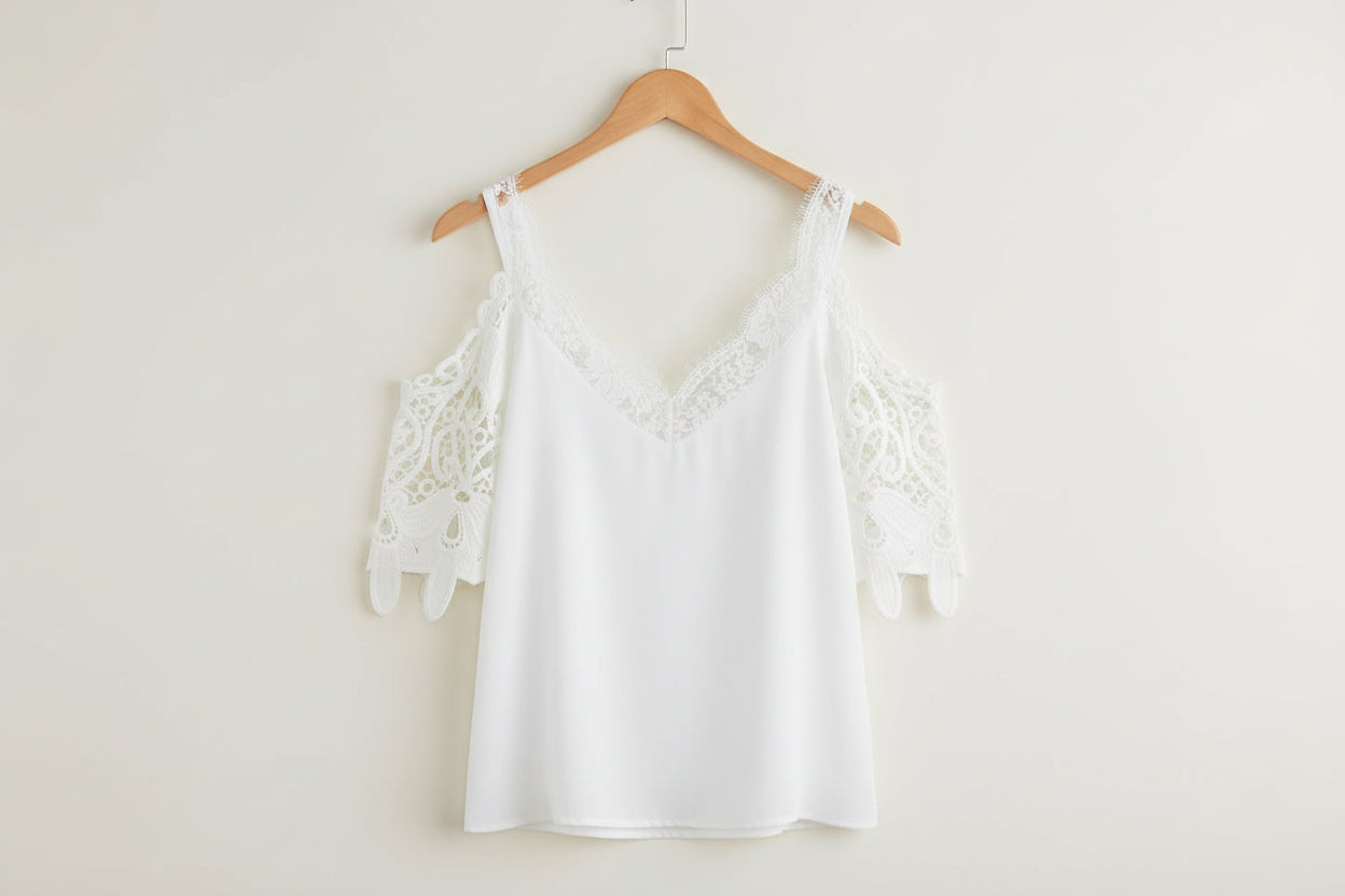 Womens Loose Lace V-Neck Short-Sleeve T-Shirt