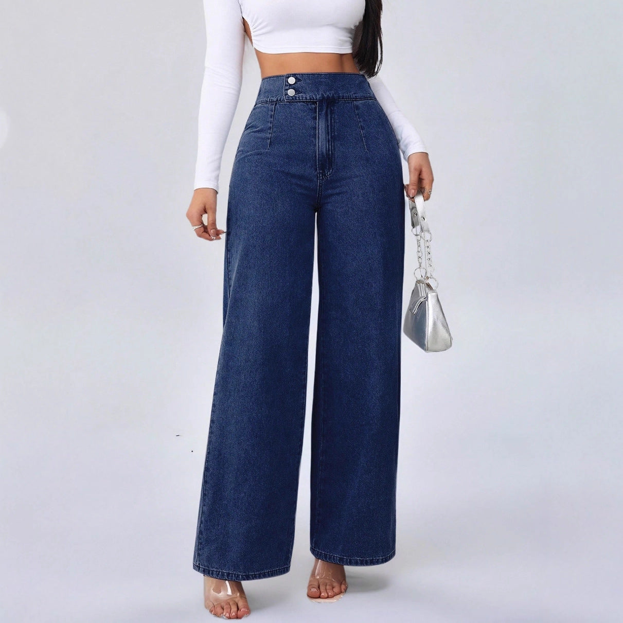Women's Retro Deep Blue High-Waist Wide-Leg Jeans