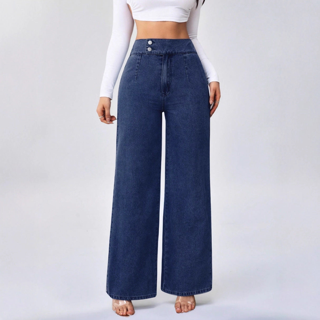 Women's Retro Deep Blue High-Waist Wide-Leg Jeans